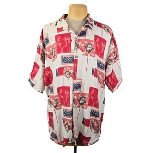 Bobby Chan Mens XXL Silk Hawaiian Shirt Red White Blue Floral Geometric Camp AOP
